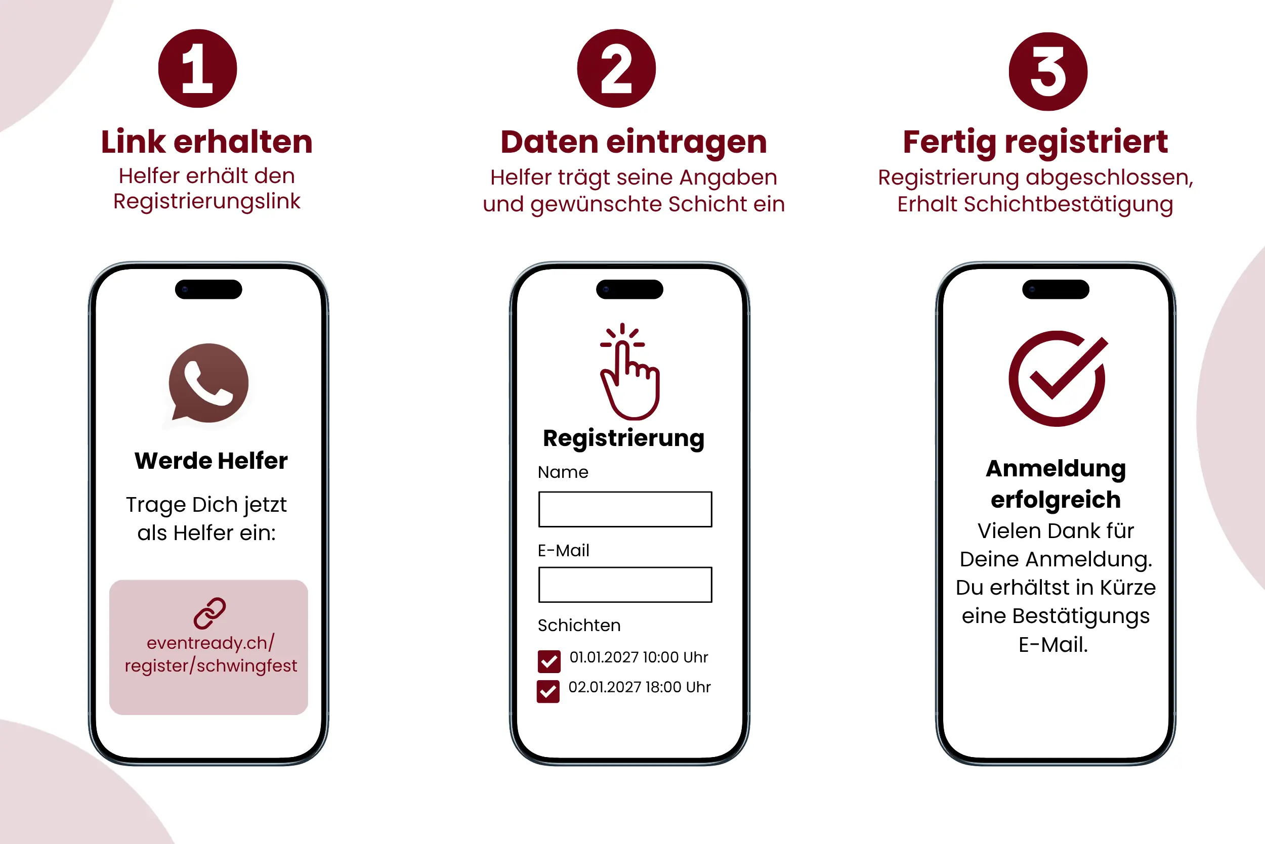 Helferanmeldung ohne Account in drei Schritten: Link öffnen, Schicht auswählen und registrieren