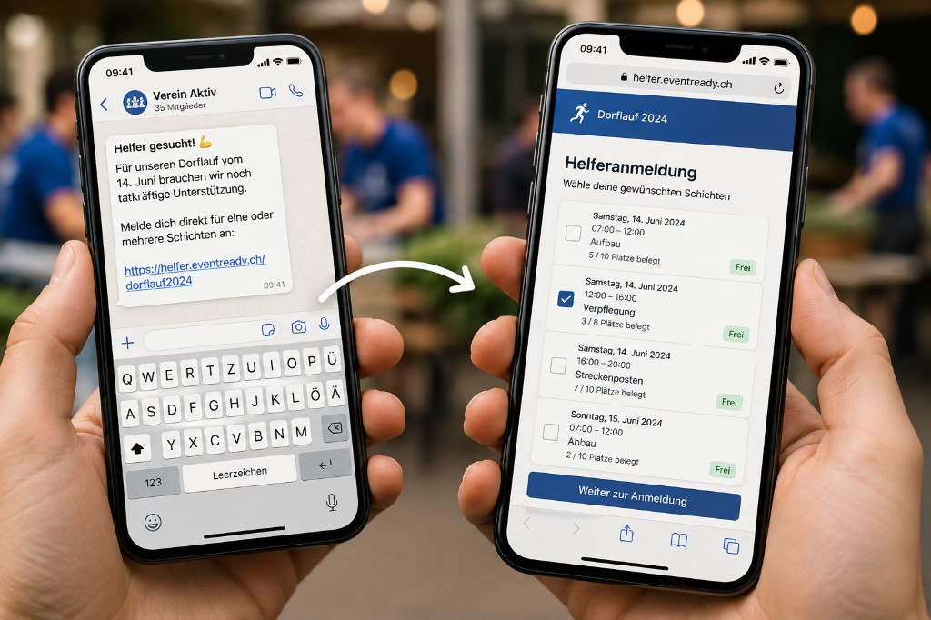 Zwei Smartphones: links eine WhatsApp-Nachricht mit Helferlink, rechts die EventReady-Helferanmeldung zur Schichtauswahl – ohne Benutzerkonto.